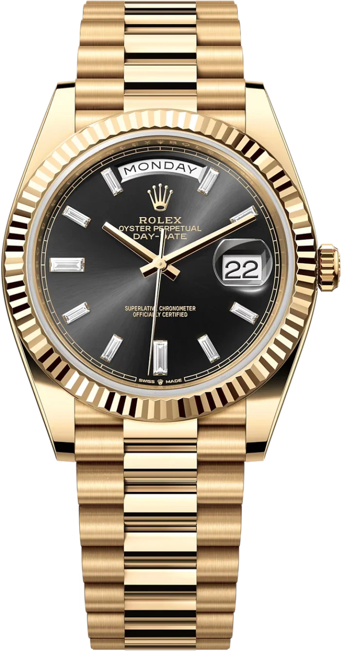 Rolex Yellow Gold President Day Date 40mm Black Diamond Baguette Dial - 228238 - New 2025