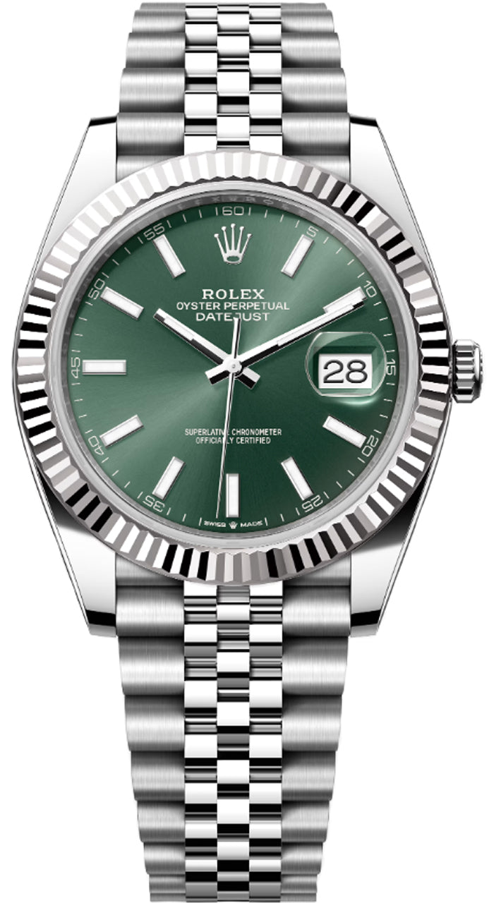 Rolex Datejust 41mm Fluted Bezel Mint Green Index Dial Jubilee - 126334 - New 2025