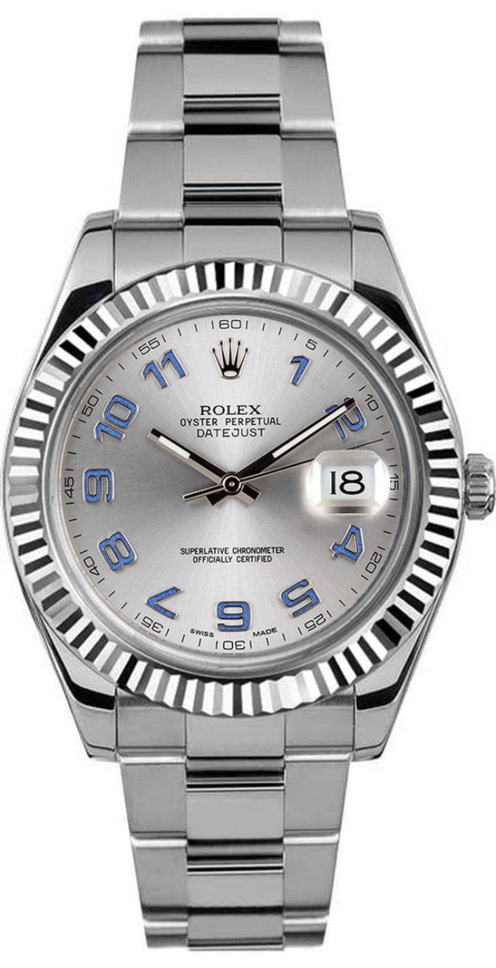 Rolex Datejust 41mm Fluted Bezel Factory Silver Blue Arabic Dial Oyster - 116334