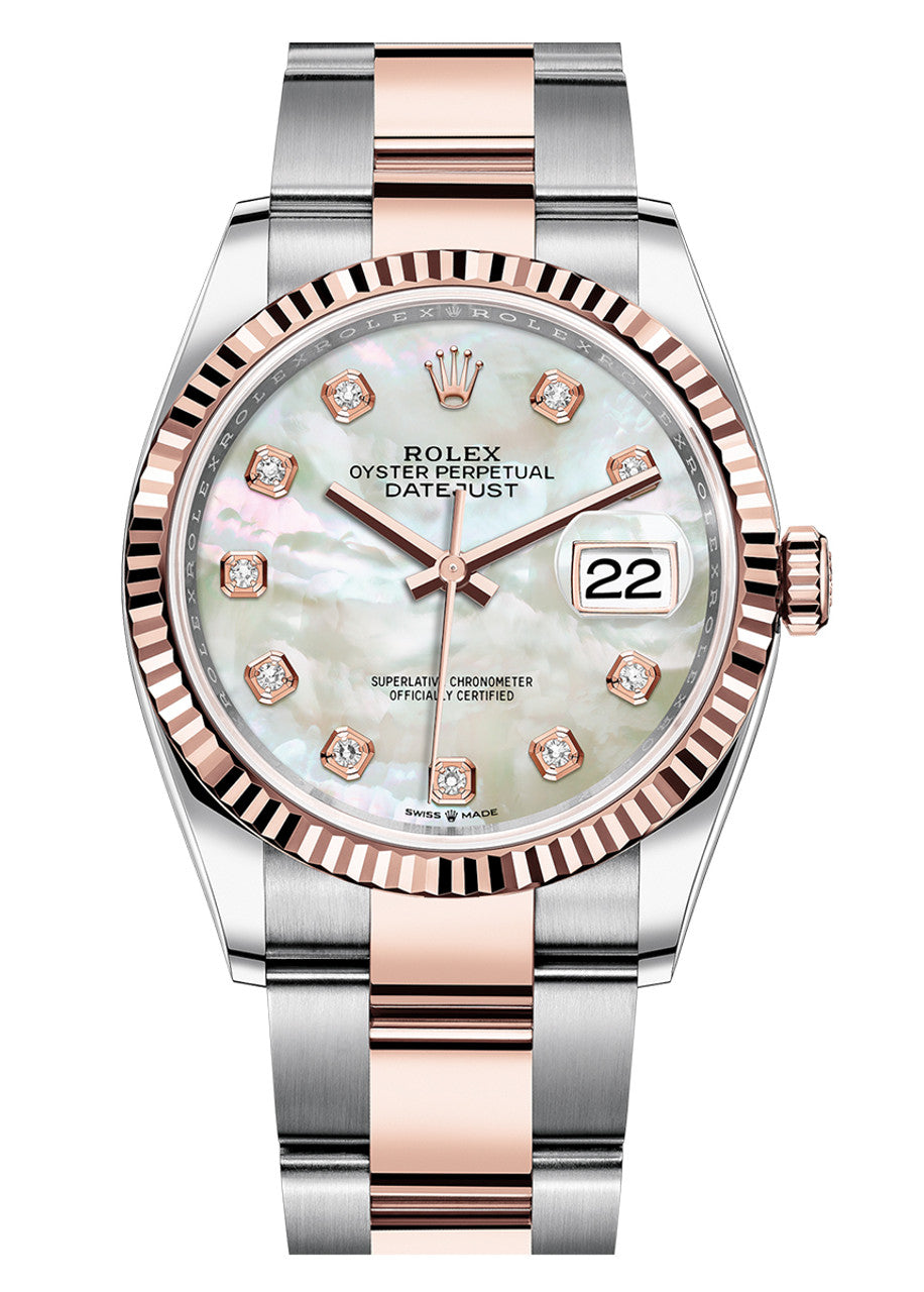 Rolex Datejust 36mm Two-Tone Everose Gold Fluted Bezel Mother of Pearl Diamond Dial Oyster - 126231 - New 2025
