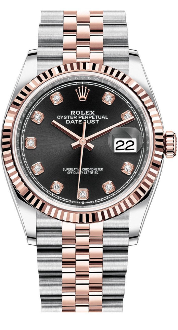 Rolex Datejust 36mm Two-Tone Everose Gold Fluted Bezel Black Diamond Dial Jubilee - 126231 - New 2025
