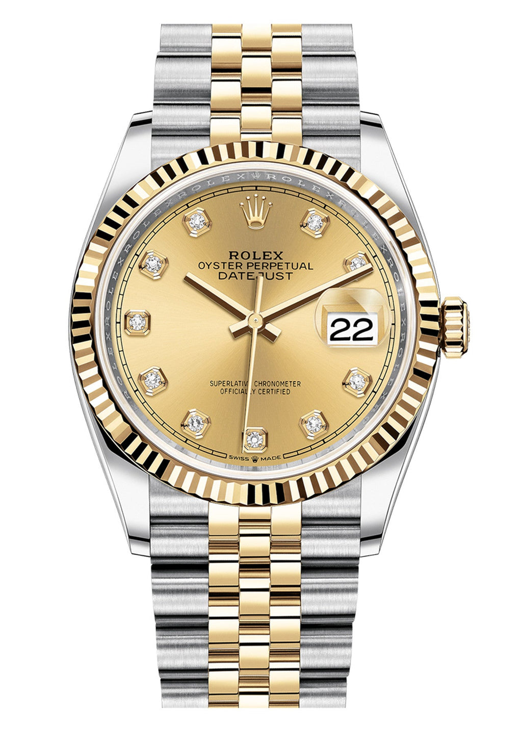 Rolex Datejust 36mm Two-Tone Yellow Gold Fluted Bezel Champagne Diamond Dial Jubilee - 126233 - New 2025