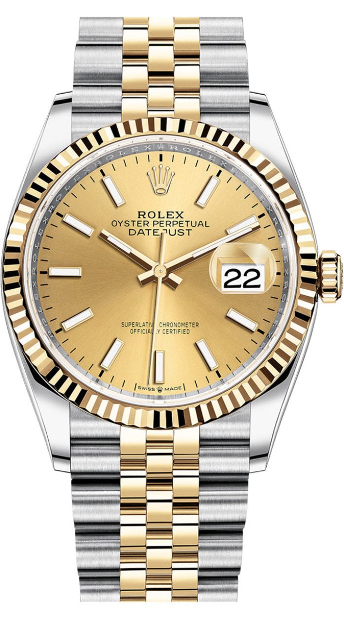 Rolex Datejust 36mm Two-Tone Yellow Gold Fluted Bezel Champagne Index Dial Jubilee - 126233 - New 2025