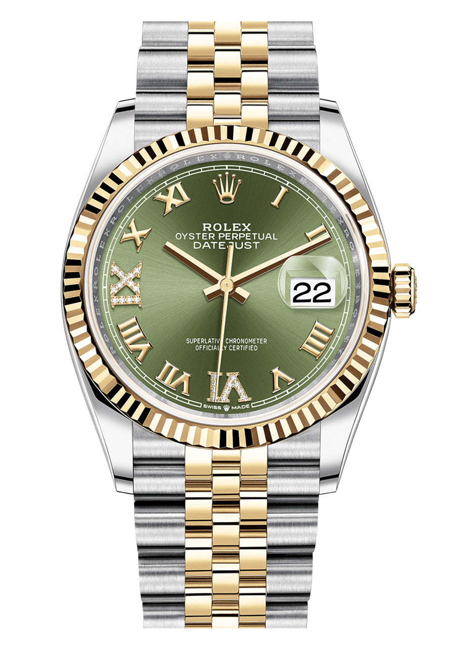 Rolex Datejust 36mm Two-Tone Yellow Gold Fluted Bezel Olive Roman Diamond Dial Jubilee - 126233 - New 2025