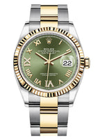 Rolex Datejust 36mm Two-Tone Yellow Gold Fluted Bezel Olive Roman Diamond Dial Oyster - 126233 - New 2025
