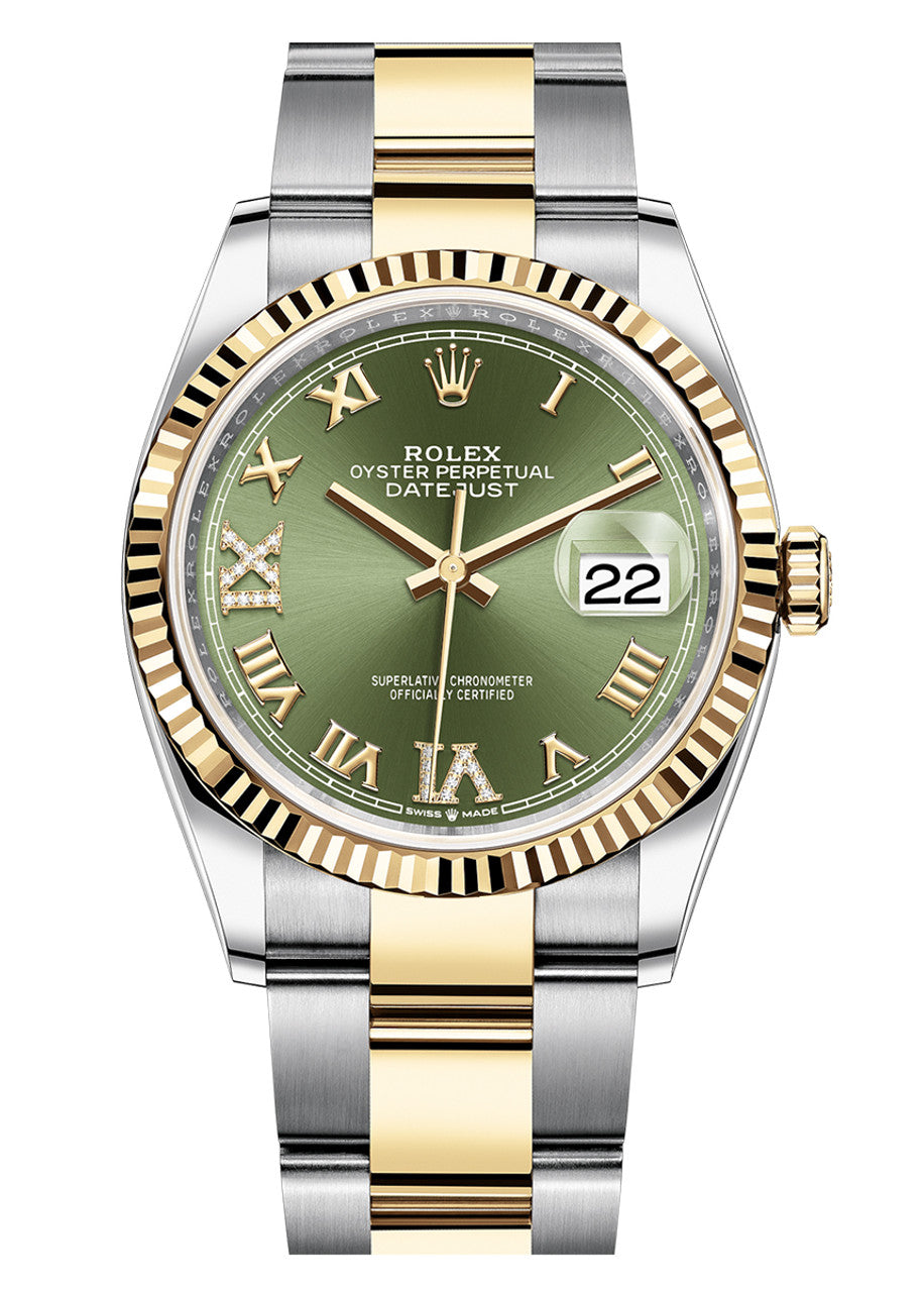 Rolex Datejust 36mm Two-Tone Yellow Gold Fluted Bezel Olive Roman Diamond Dial Oyster - 126233 - New 2025