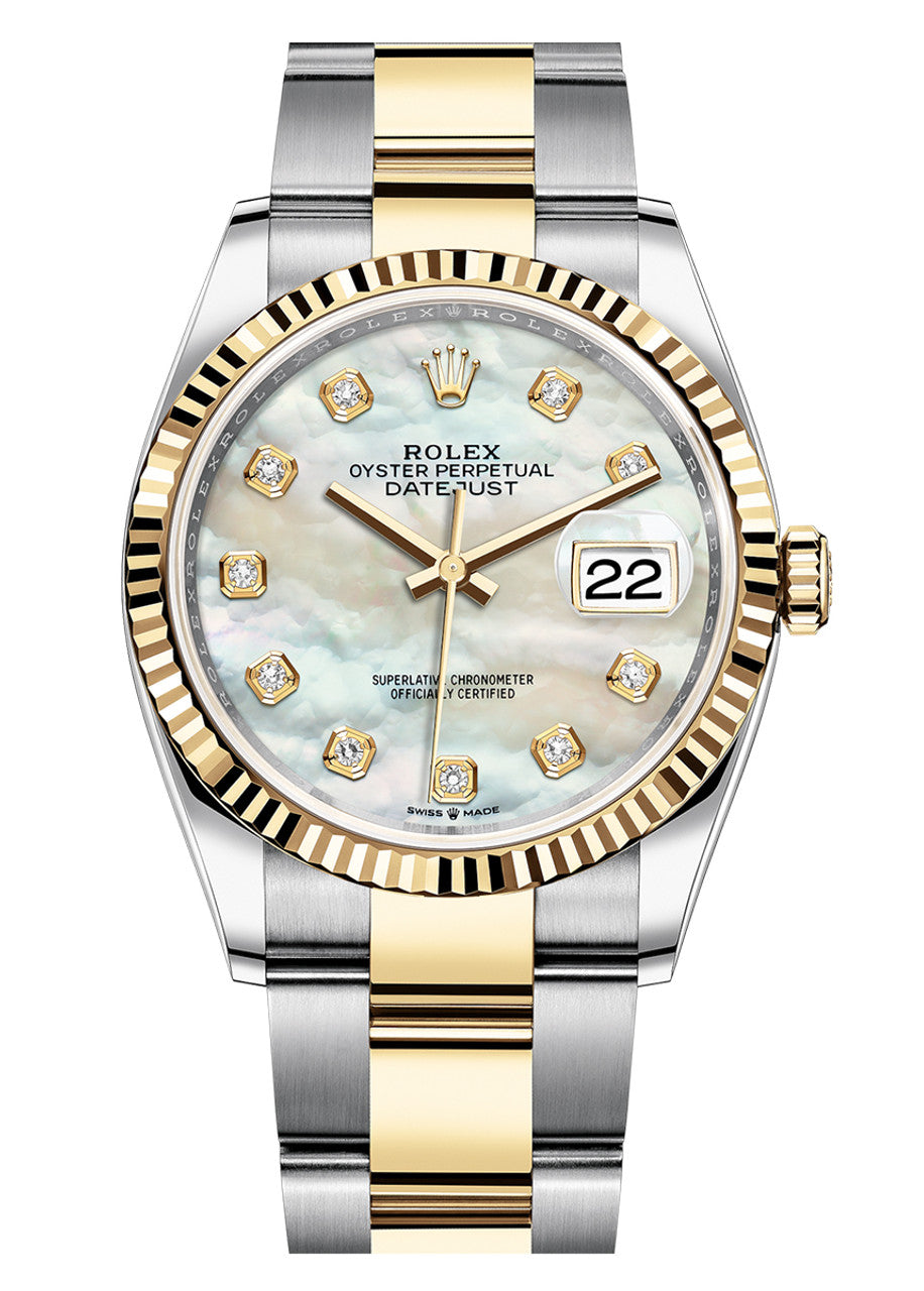 Rolex Datejust 36mm Two-Tone Yellow Gold Mother of Pearl Diamond Dial Oyster - 126233 - New 2025