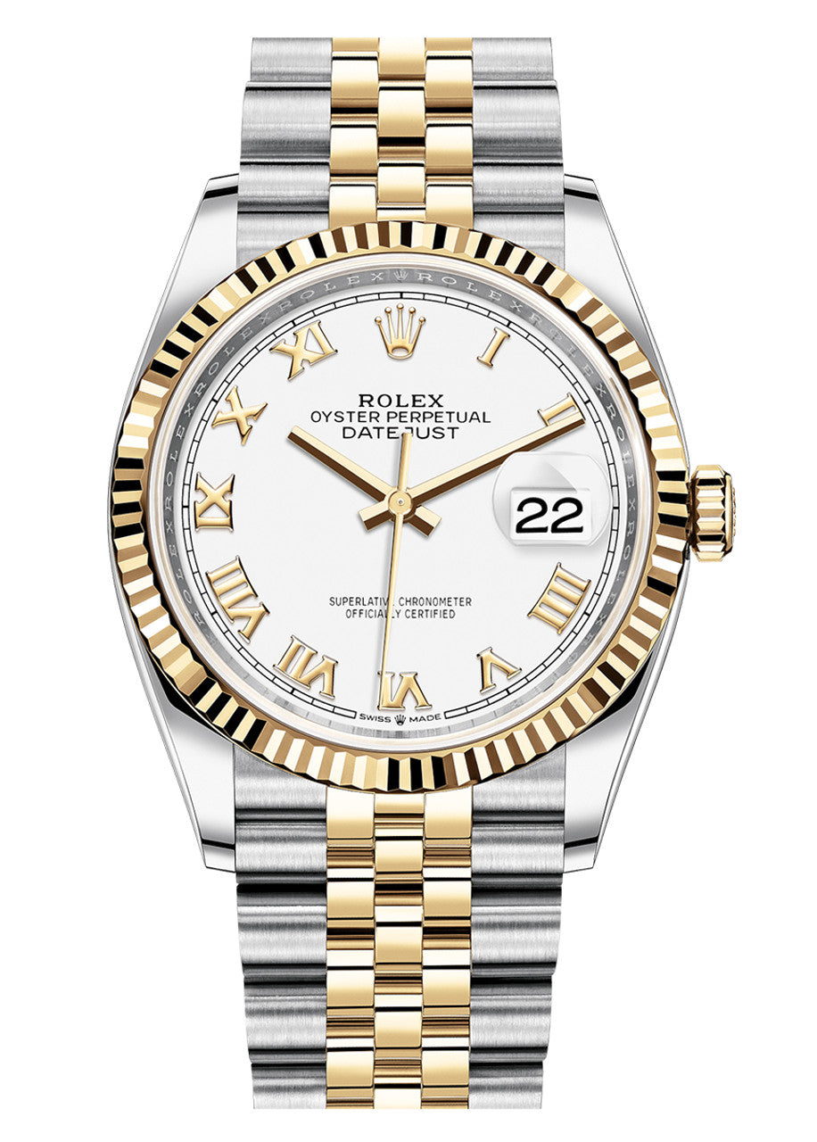 Rolex Datejust 36mm Two-Tone Yellow Gold Fluted Bezel White Roman Dial Jubilee - 126233 - New 2025