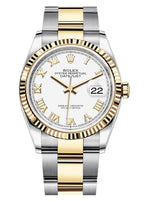 Rolex Datejust 36mm Two-Tone Yellow Gold Fluted Bezel White Roman Dial Oyster - 126233 - New 2025
