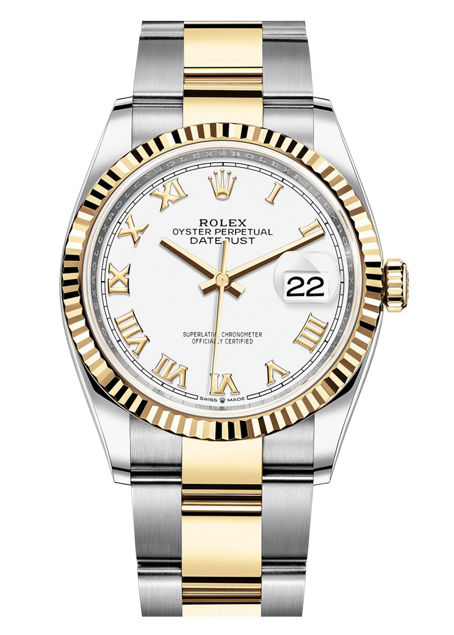 Rolex Datejust 36mm Two-Tone Yellow Gold Fluted Bezel White Roman Dial Oyster - 126233 - New 2025