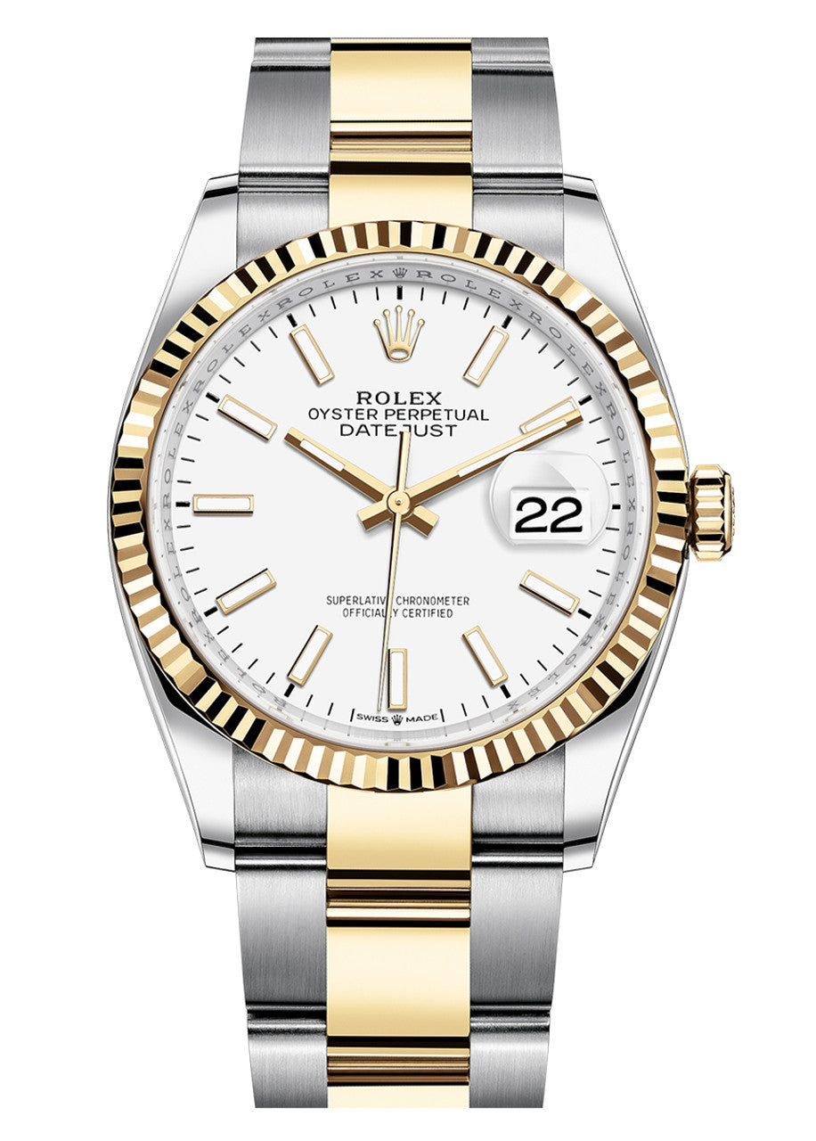 Rolex Datejust 36mm Two-Tone Yellow Gold Fluted Bezel White Index Dial Oyster - 126233 - New 2025