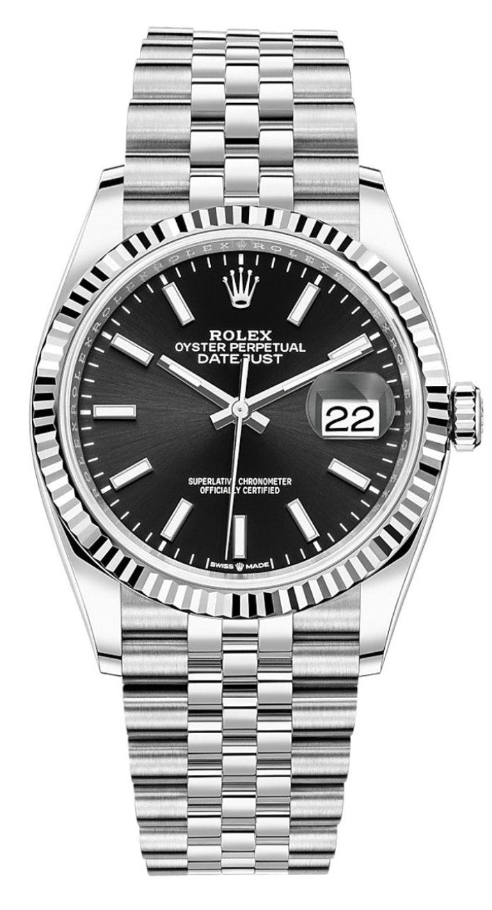 Rolex Datejust 36mm Fluted Bezel Black Index Dial Jubilee - 126234 - New 2023