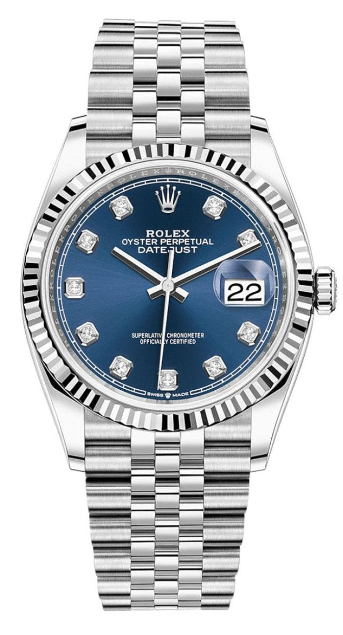Rolex Datejust 36mm Fluted Bezel Blue Diamond Dial Jubilee - 126234 - New 2025