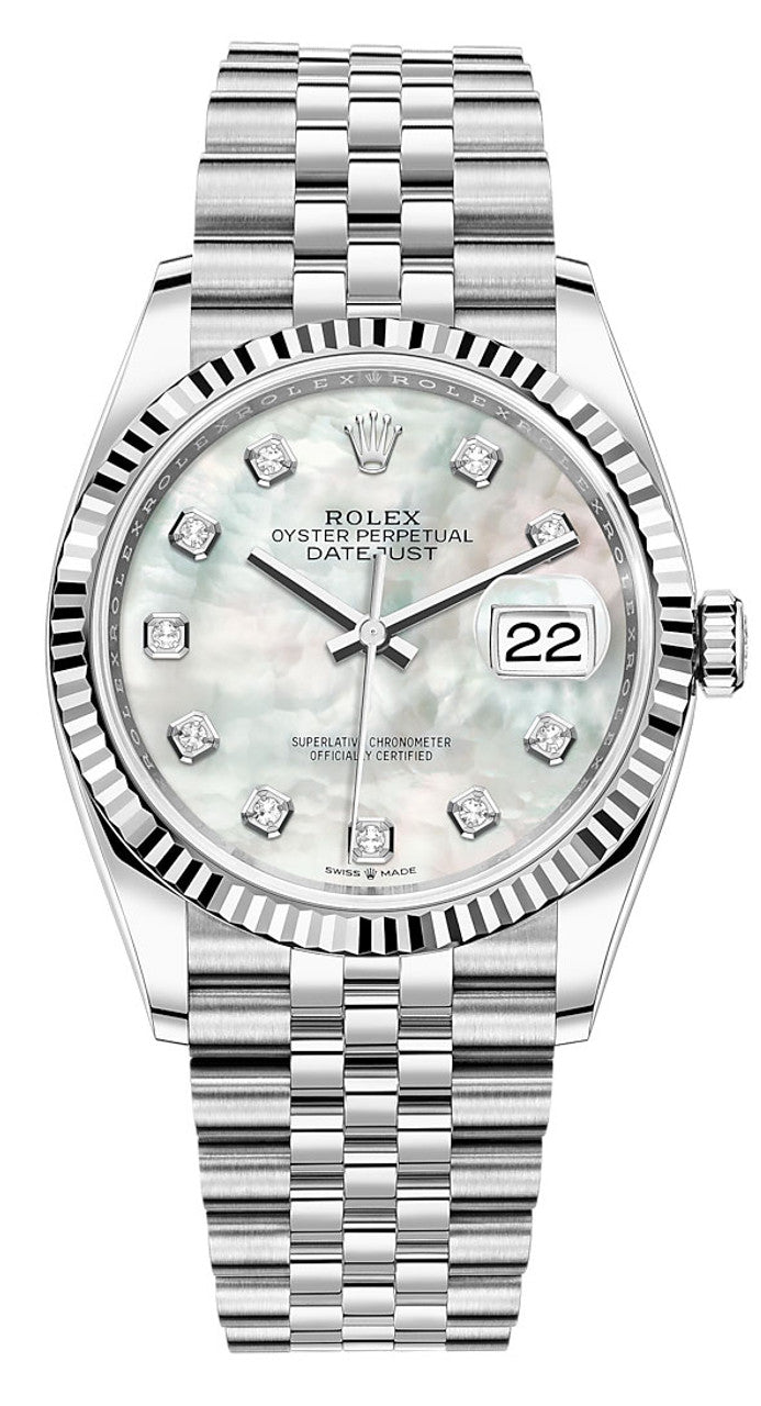Rolex Datejust 36mm Fluted Bezel Mother of Pearl Diamond Dial Jubilee - 126234 - New 2025