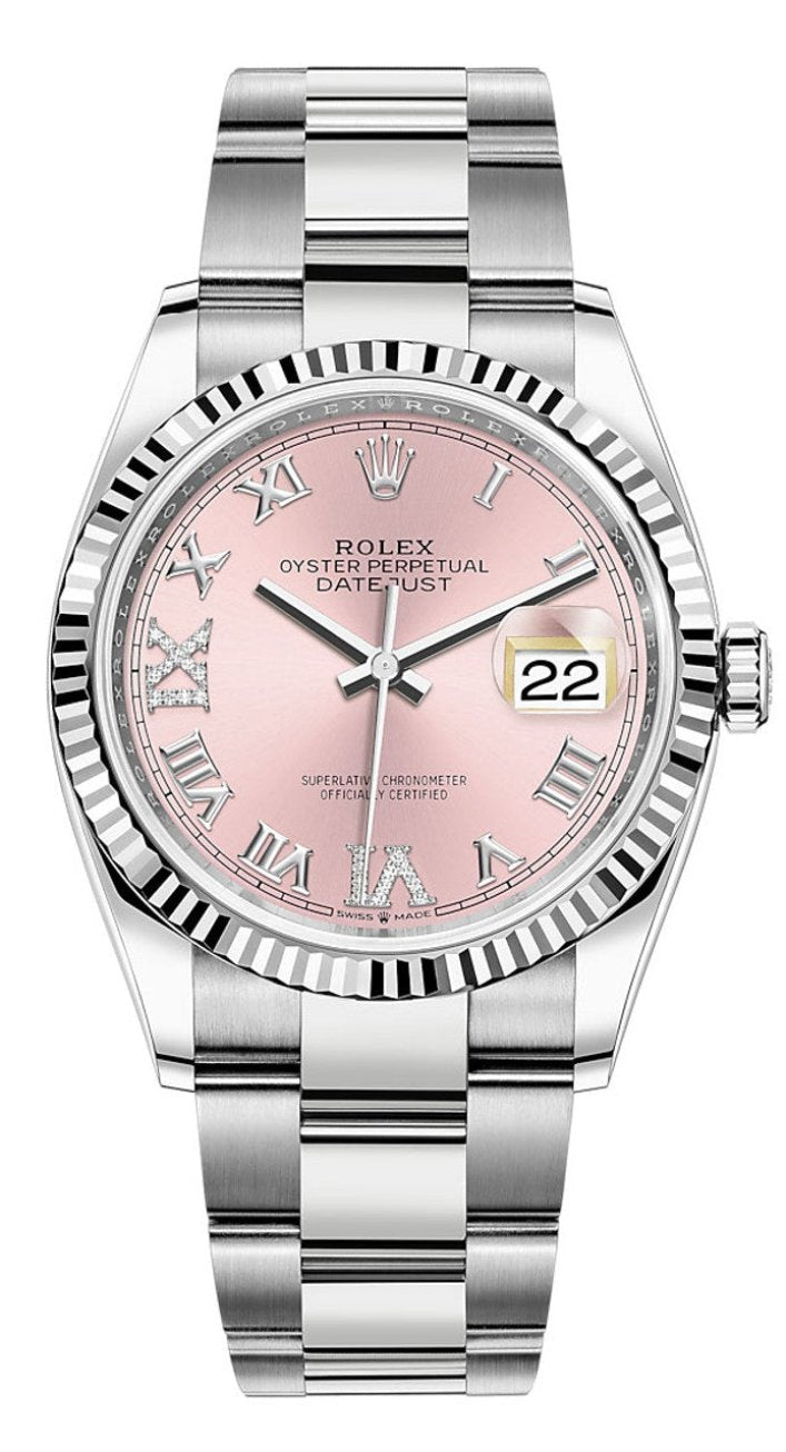 Rolex Datejust 36mm Fluted Bezel Pink Roman Diamond Dial Oyster - 126234 - New 2025