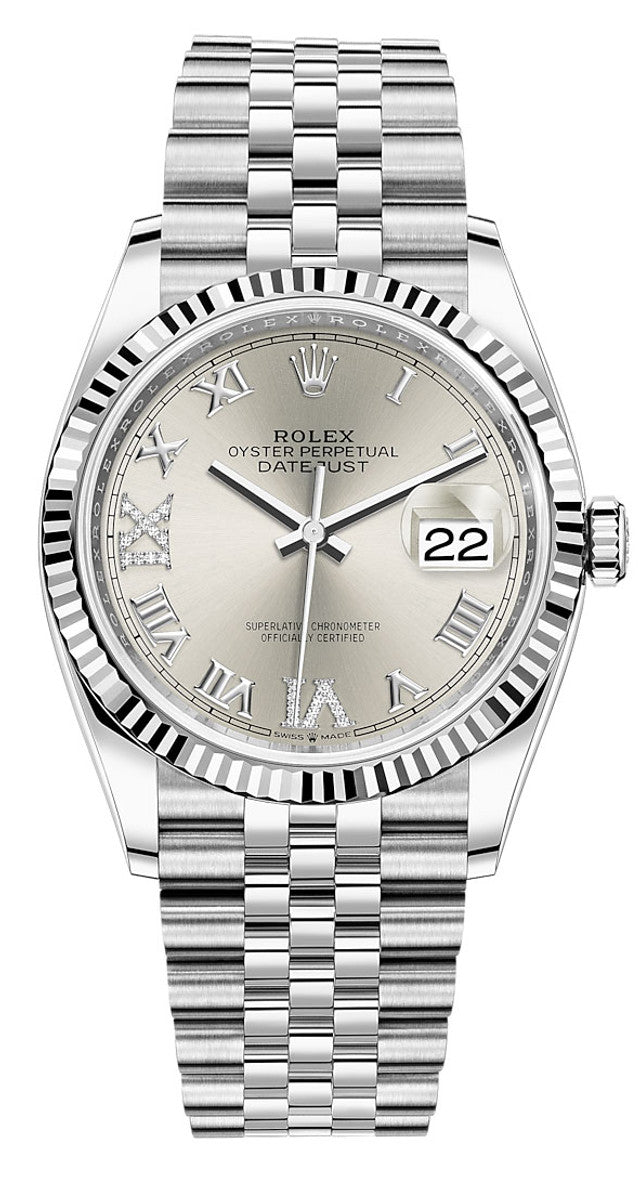 Rolex Datejust 36mm Fluted Bezel Silver Roman Diamond Dial Jubilee - 126234 - New 2025