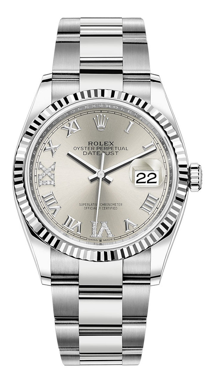 Rolex Datejust 36mm Fluted Bezel Silver Roman Diamond Dial Oyster - 126234 - New 2025