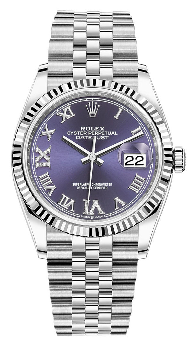 Rolex Datejust 36mm Fluted Bezel Aubergine Roman Diamond Dial Jubilee - 126234 - New 2025