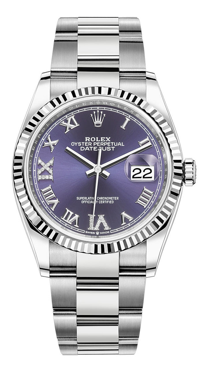 Rolex Datejust 36mm Fluted Bezel Aubergine Roman Diamond Dial Oyster - 126234 - New 2025