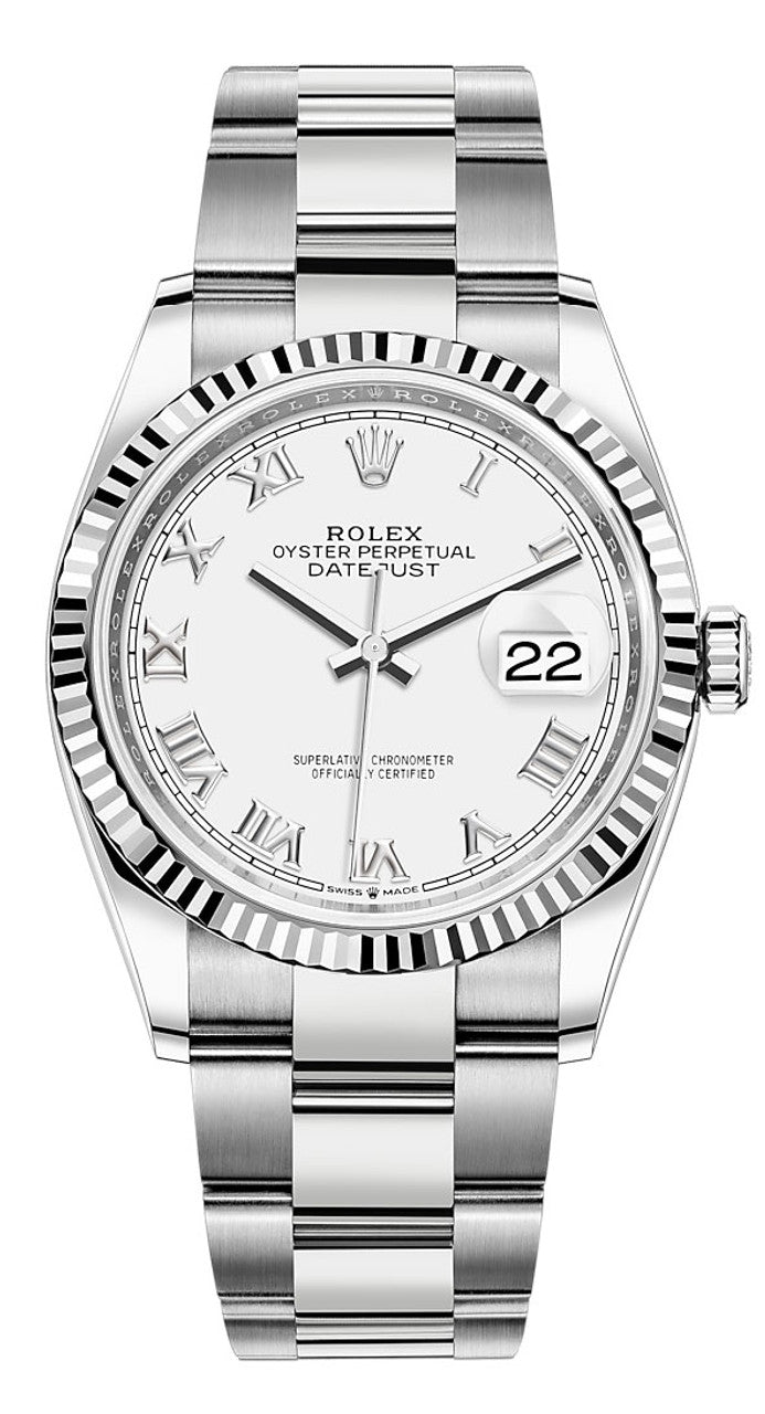 Rolex Datejust 36mm Fluted Bezel White Roman Dial Oyster - 126234 - New 2025
