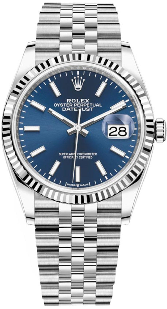 Rolex Datejust 36mm Fluted Bezel Blue Index Dial Jubilee - 126234 - New 2025