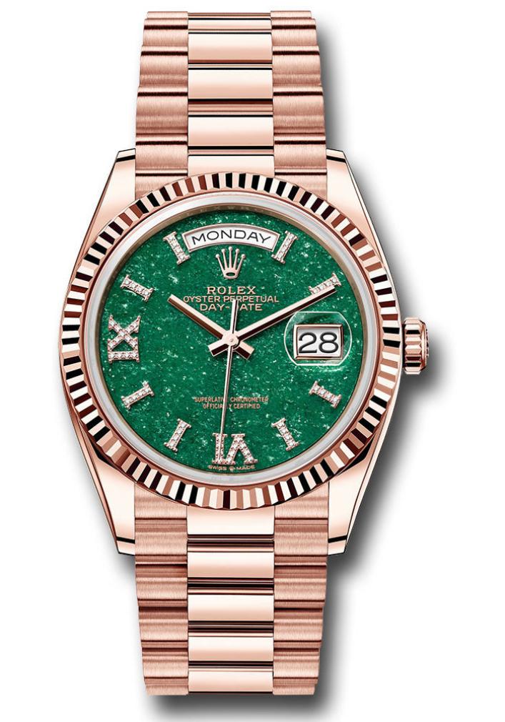 Rolex Day-Date "President" 36mm Everose Green Aventurine Roman Diamond Dial - 128235 - New 2025