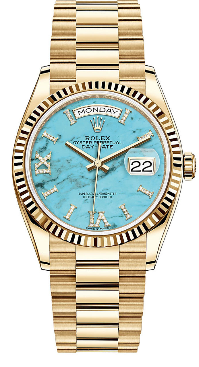 Rolex Day-Date "President" 36mm Yellow Gold Turquoise Roman Diamond Dial - 128238 - New 2025