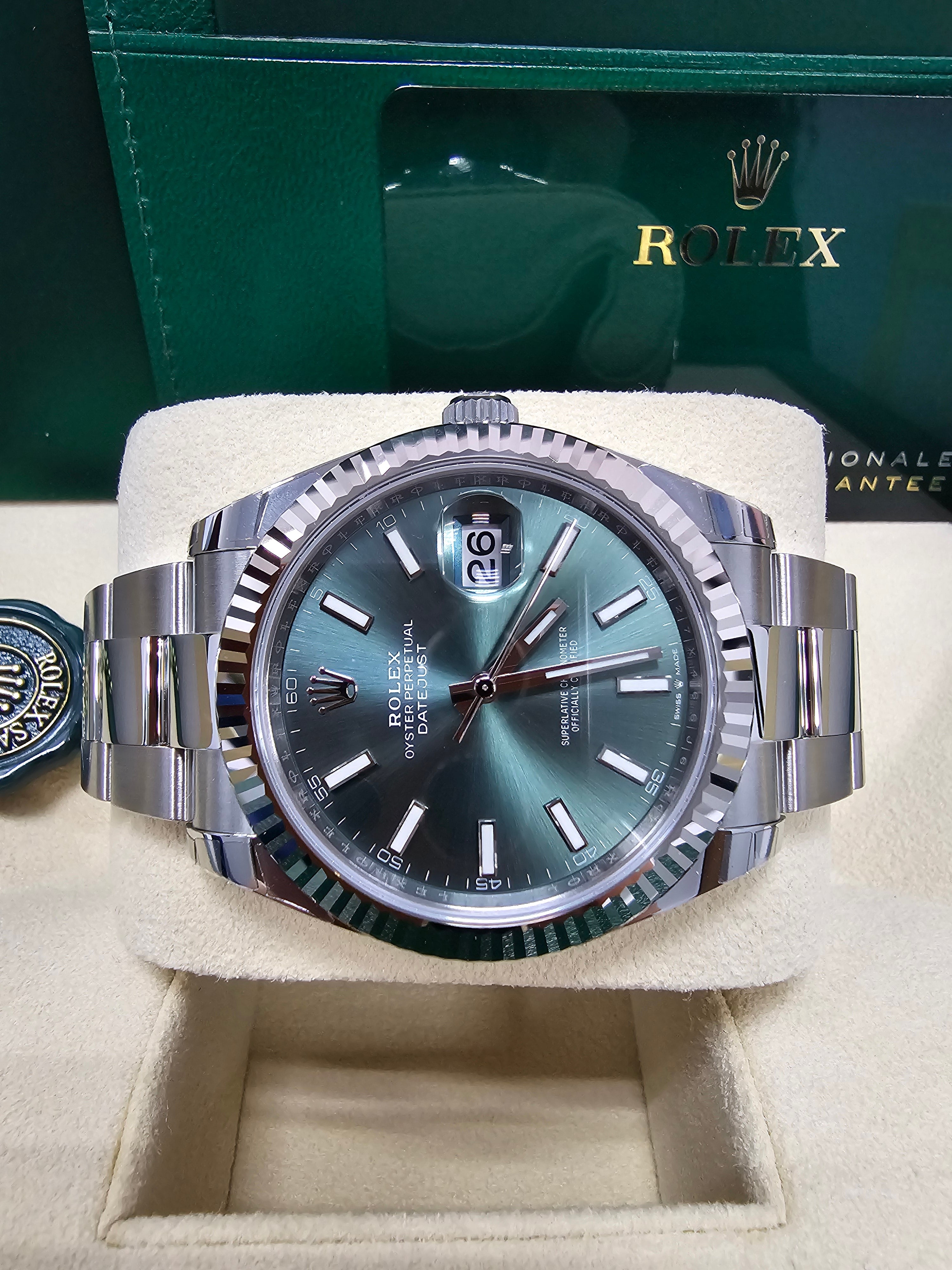 Rolex Datejust 41mm Fluted Bezel Mint Green Index Dial Oyster - 126334 - New 2025