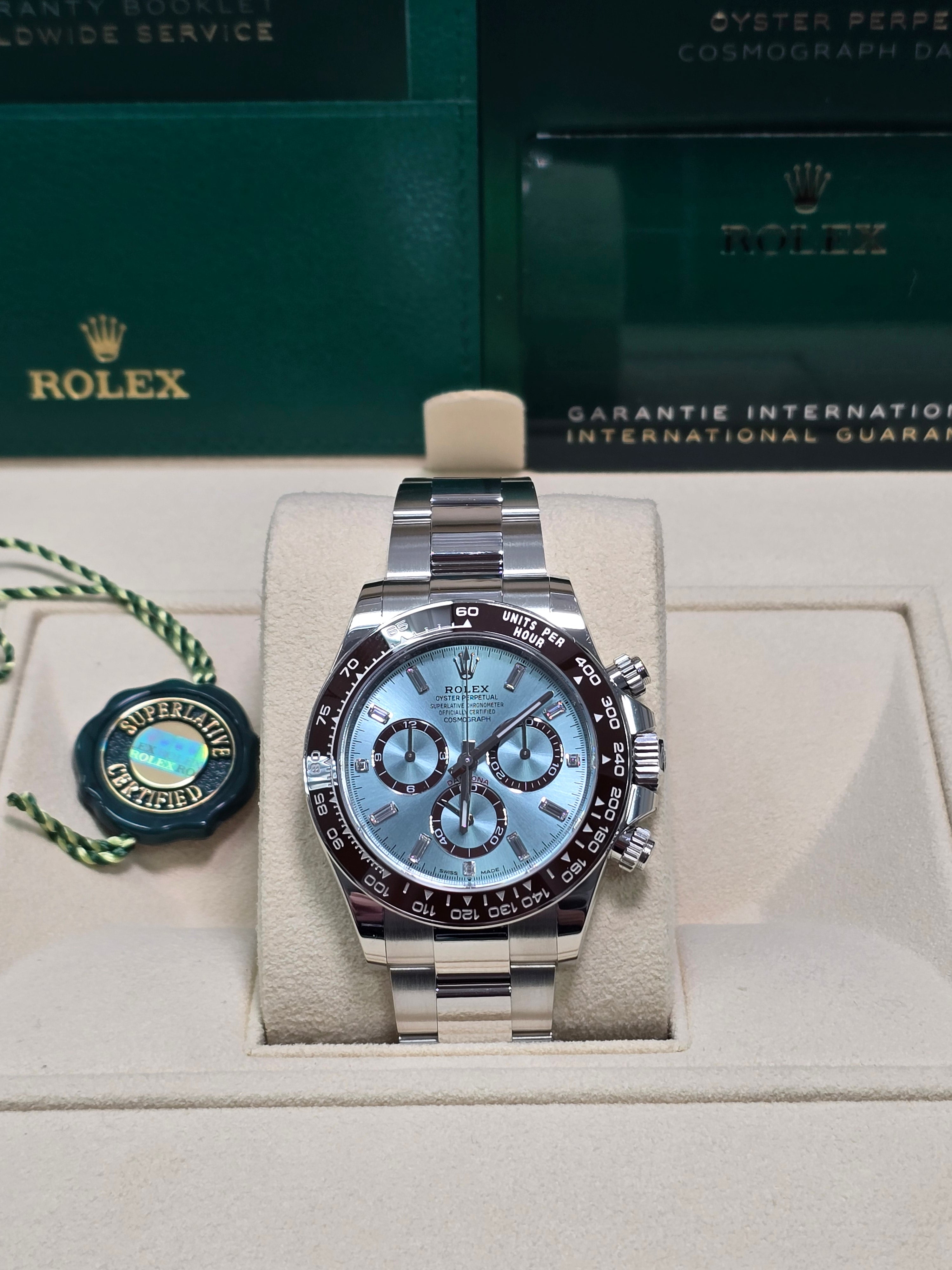 Rolex Cosmograph Daytona 40mm Platinum "Platona" Ceramic Brown Bezel Ice Blue Diamond Baguette Dial - 126506 - New 2025