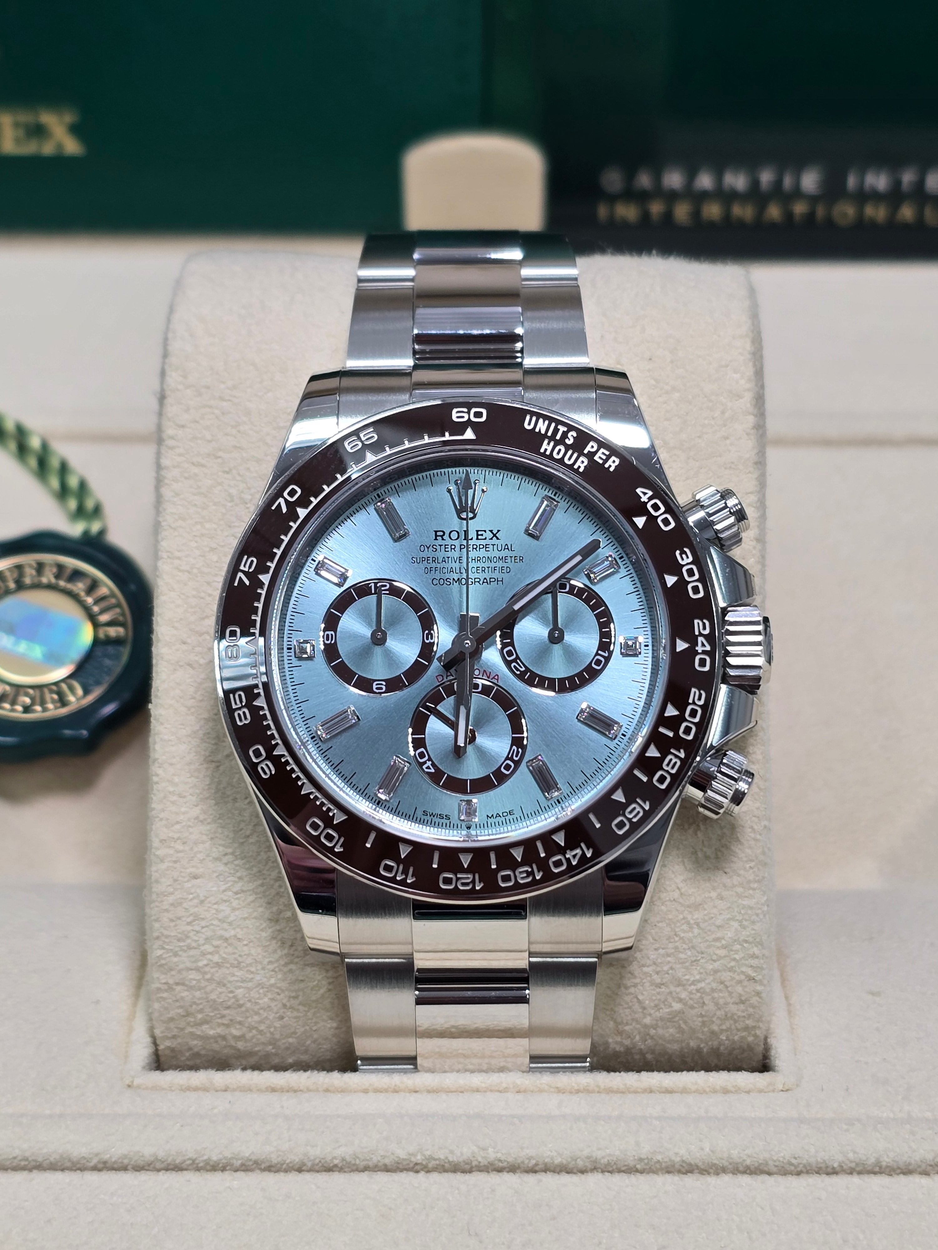 Rolex Cosmograph Daytona 40mm Platinum "Platona" Ceramic Brown Bezel Ice Blue Diamond Baguette Dial - 126506 - New 2025