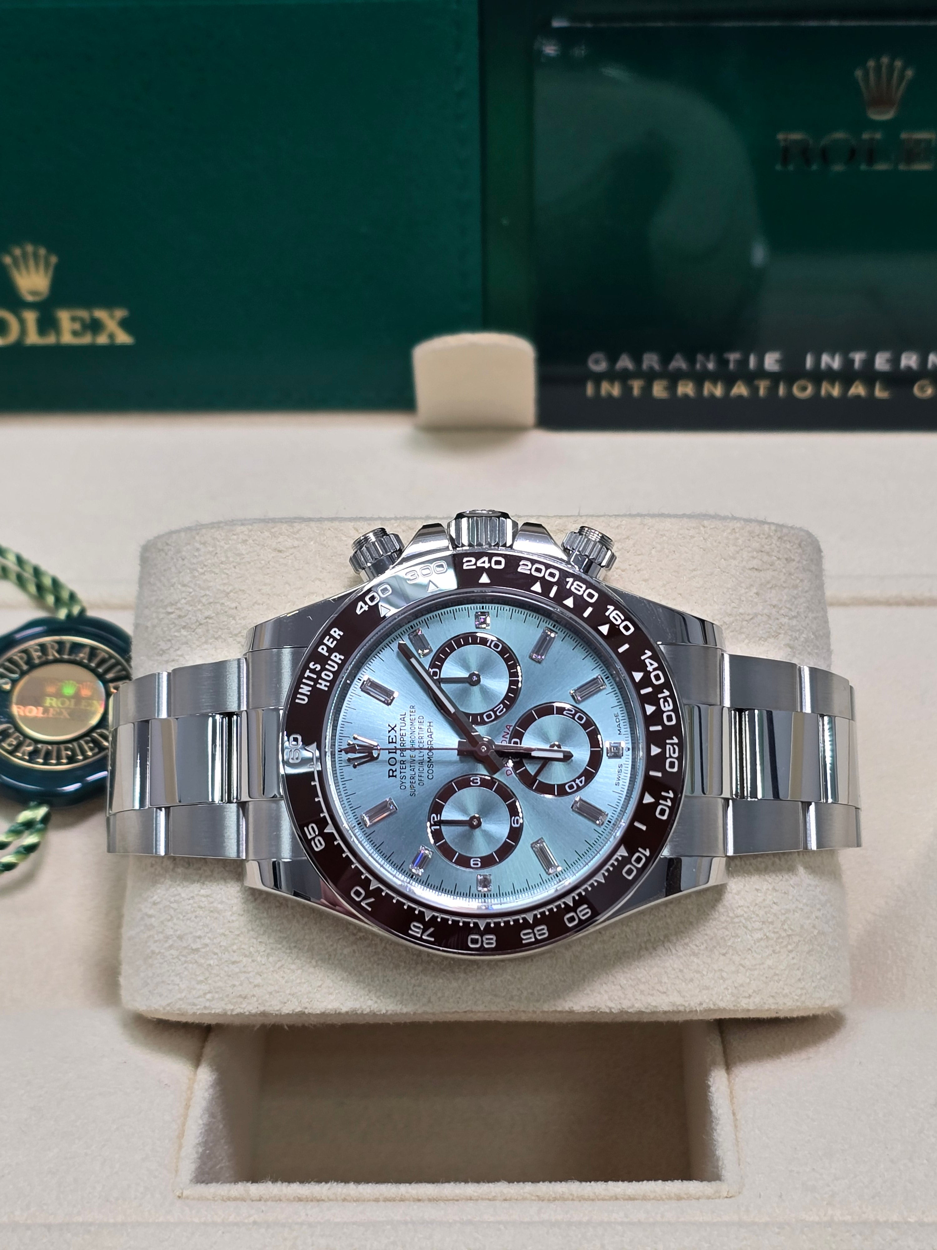 Rolex Cosmograph Daytona 40mm Platinum "Platona" Ceramic Brown Bezel Ice Blue Diamond Baguette Dial - 126506 - New 2025