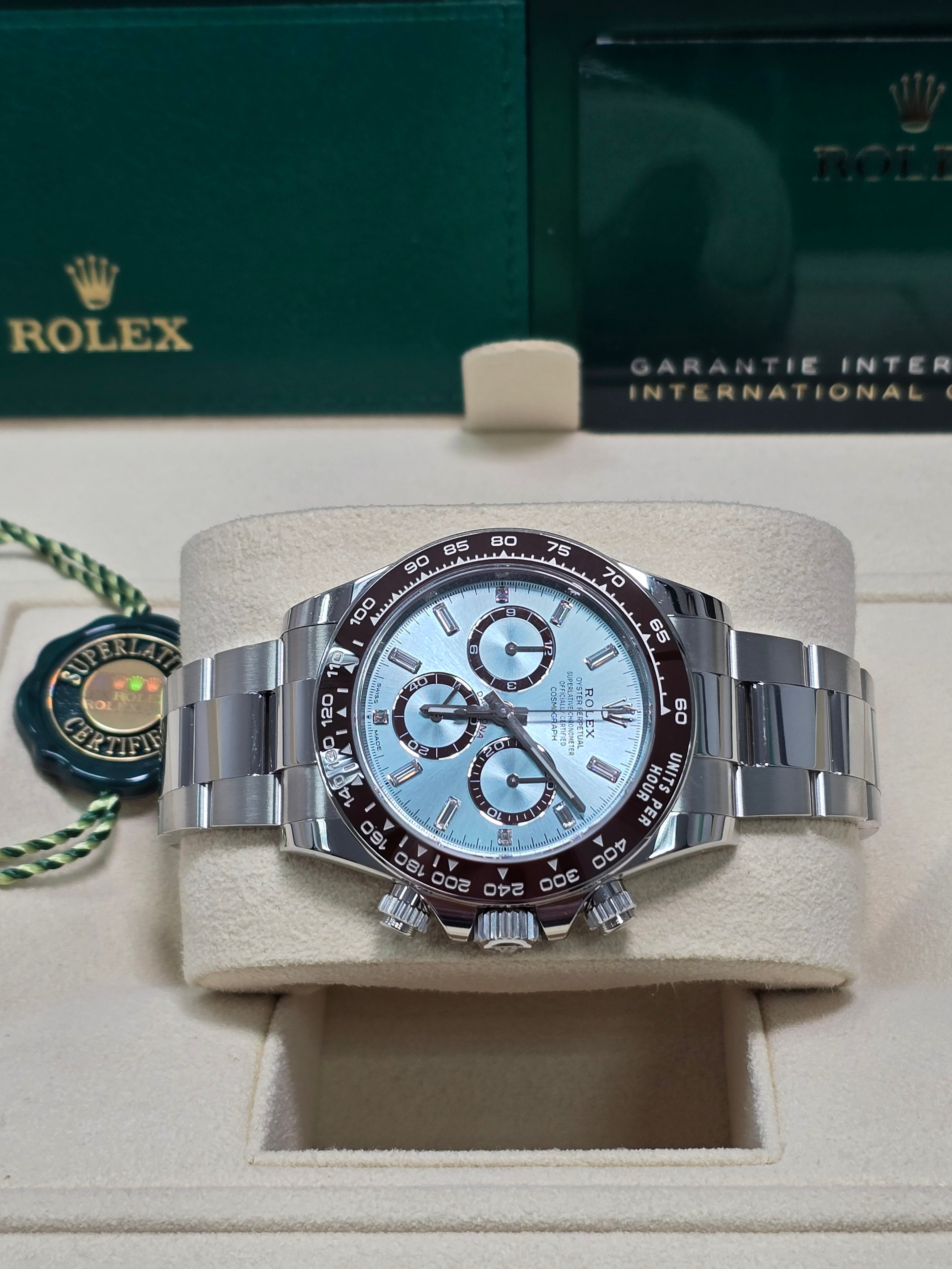 Rolex Cosmograph Daytona 40mm Platinum "Platona" Ceramic Brown Bezel Ice Blue Diamond Baguette Dial - 126506 - New 2025
