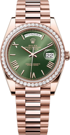 Rolex Day-Date "President" 40mm Everose Gold Olive Green Roman Dial Diamond Bezel - 228345RBR - New 2025