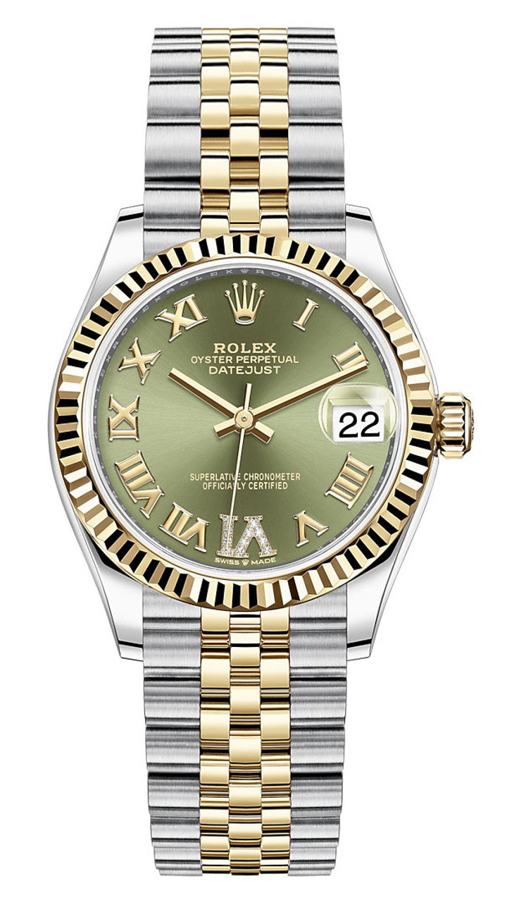Rolex Datejust 31 Green Roman Diamond Dial Fluted Two-Tone Jubilee - 278273 - New 2025