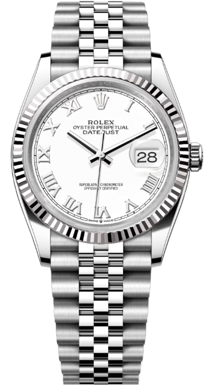 Rolex Datejust 36mm Fluted Bezel White Roman Dial Jubilee - 126234 - New 2025