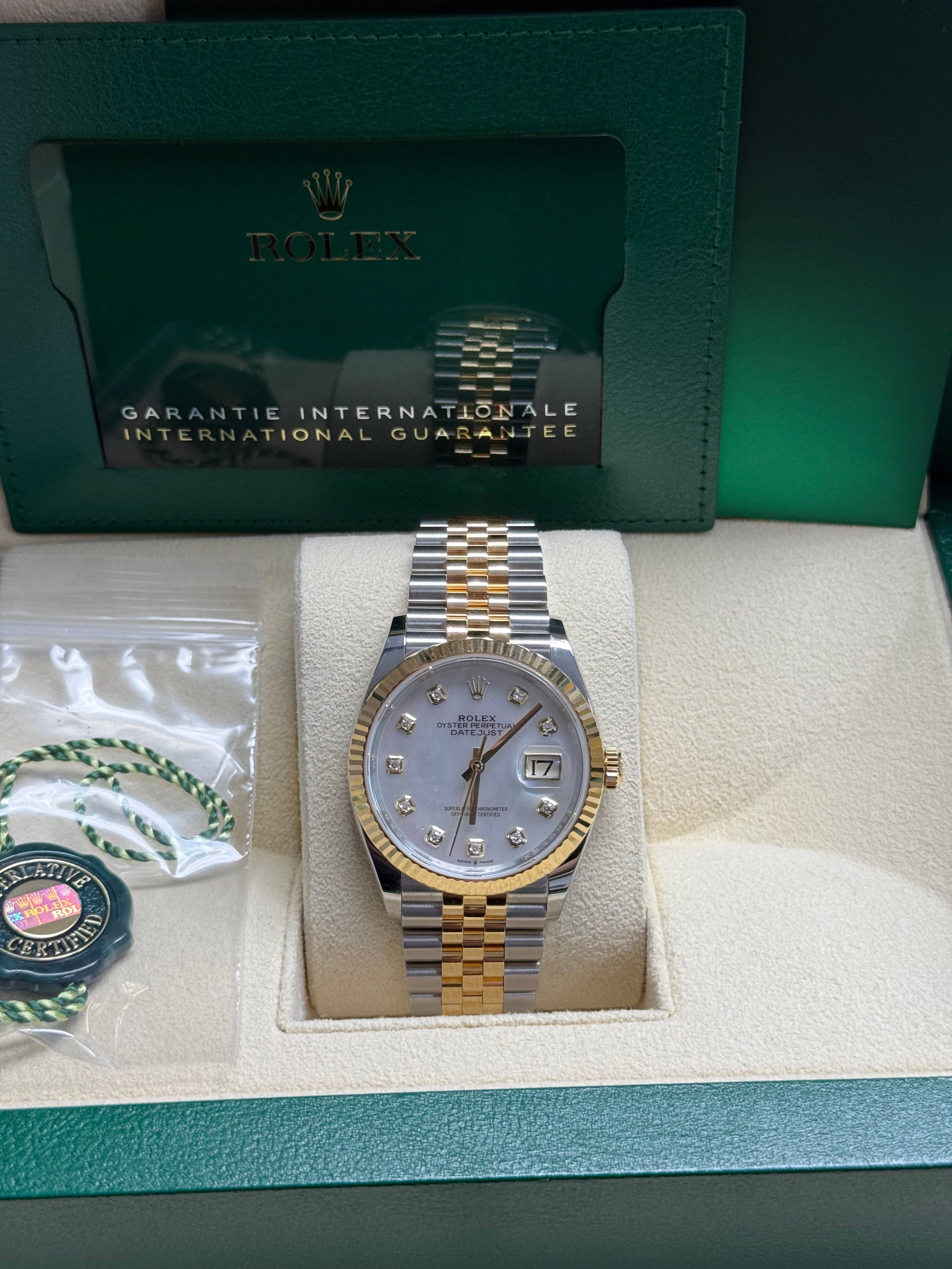Rolex Datejust 36mm Two-Tone Yellow Gold Mother of Pearl Diamond Dial Jubilee - 126233 - New 2025