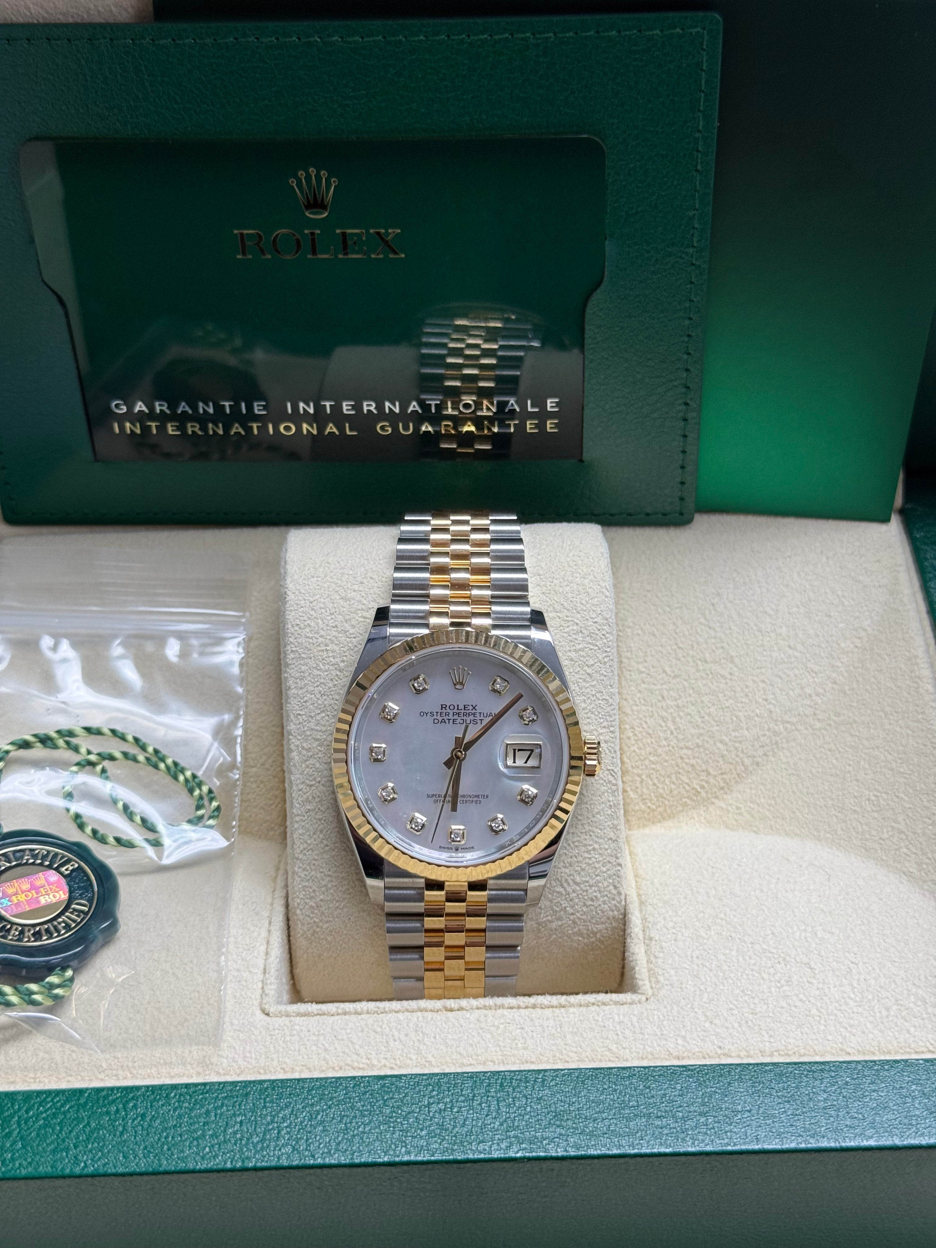 Rolex Datejust 36mm Two-Tone Yellow Gold Mother of Pearl Diamond Dial Jubilee - 126233 - New 2025