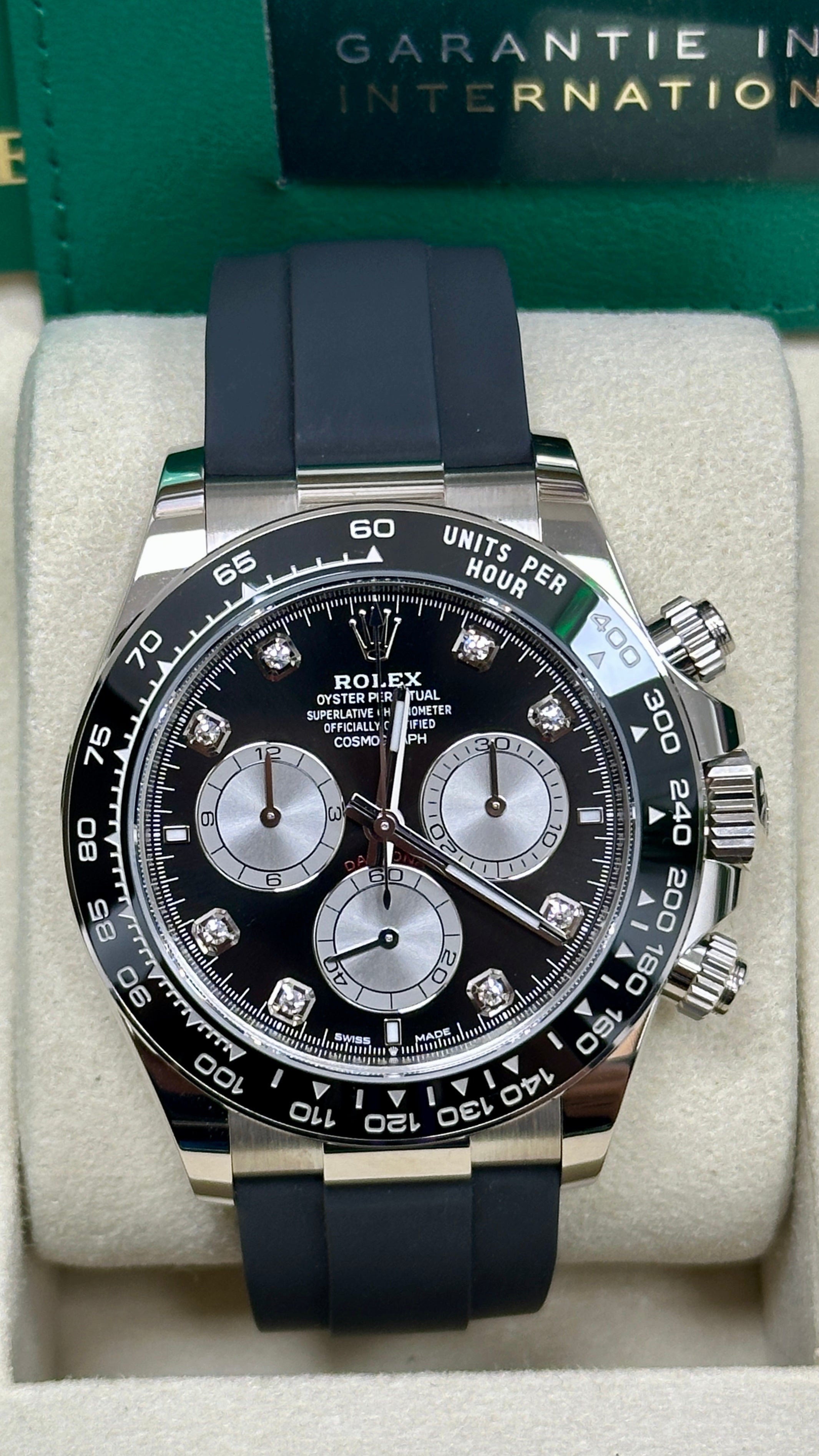 Rolex Cosmograph Daytona 40mm White Gold Black Diamond Dial Oysterflex - 126519LN - New 2025
