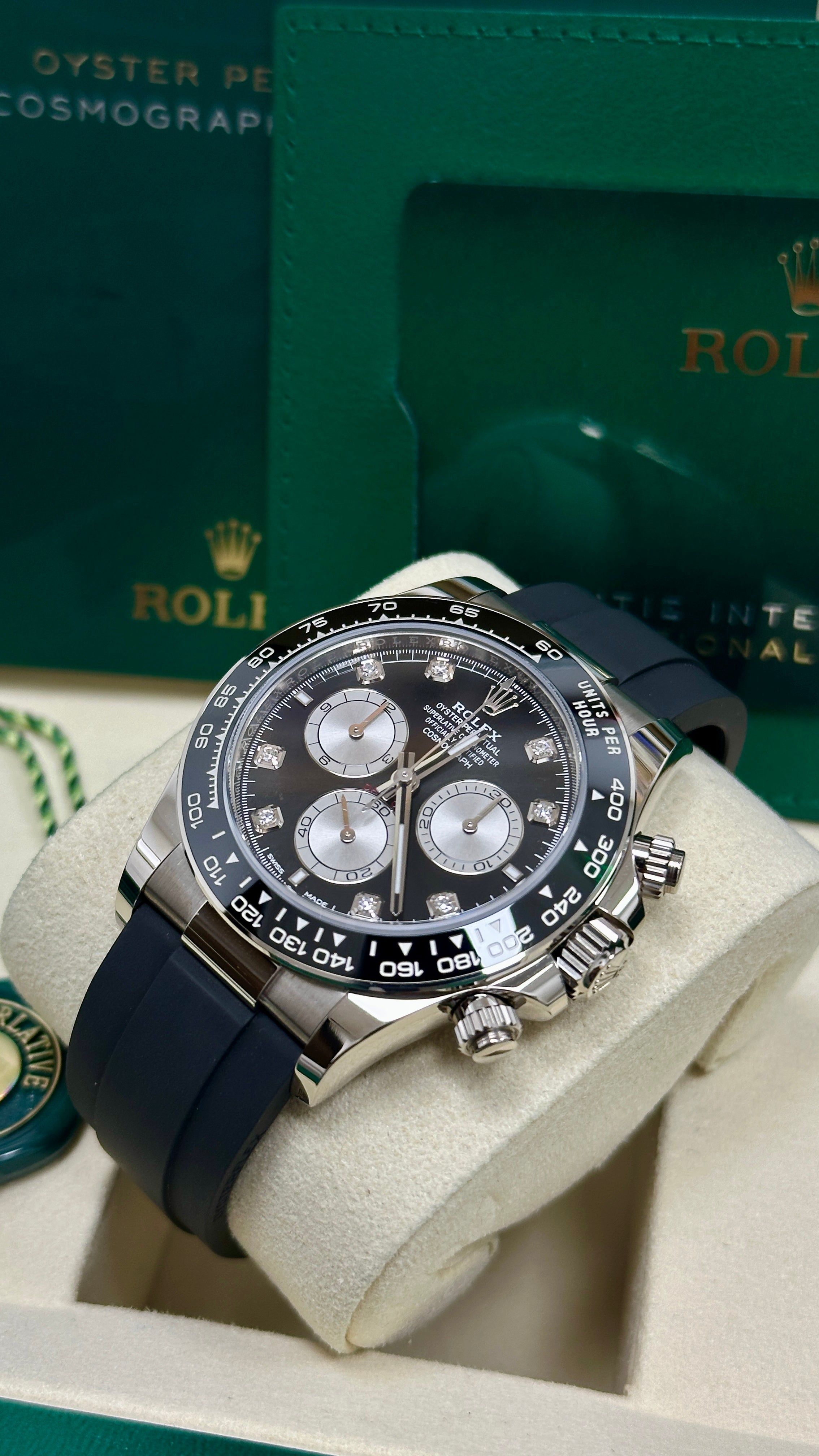 Rolex Cosmograph Daytona 40mm White Gold Black Diamond Dial Oysterflex - 126519LN - New 2025