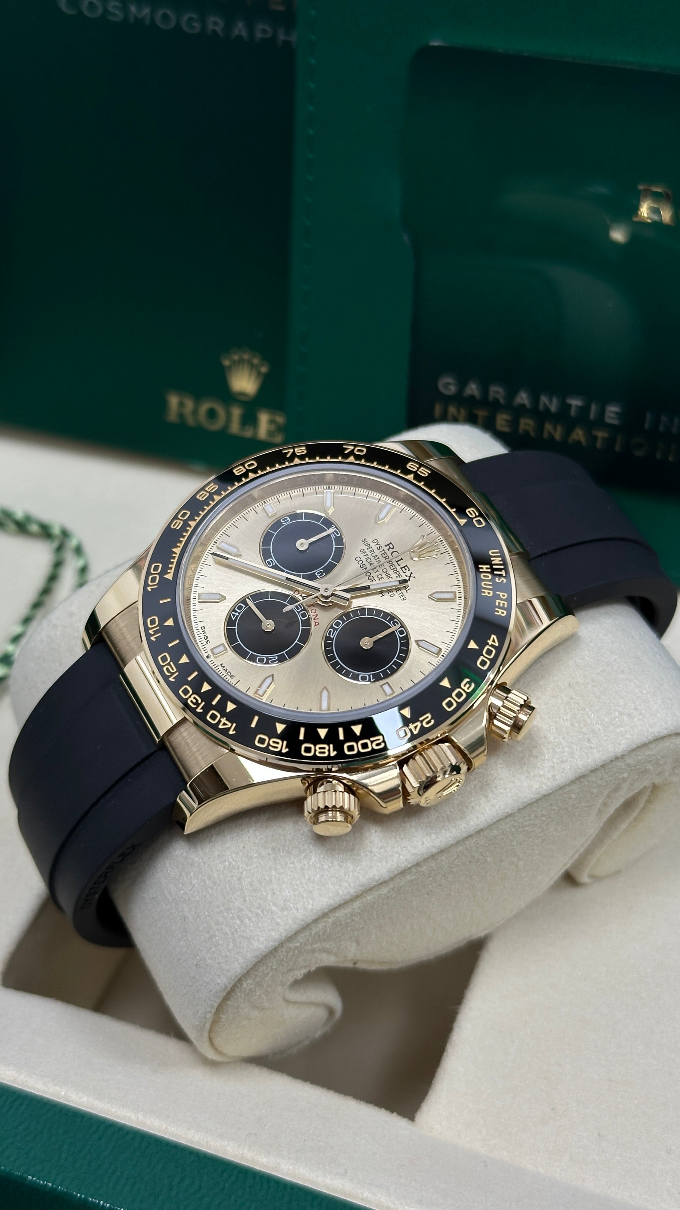 Rolex Cosmograph Daytona 40mm Yellow Gold Ceramic Bezel Champagne and Black "YML/Pikachu" Dial Oysterflex - 126518LN - New 2025