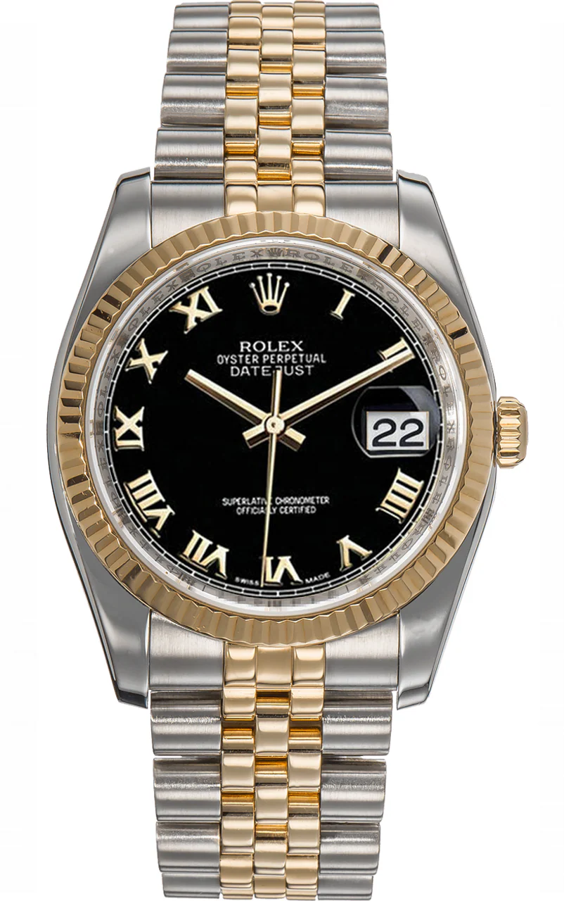 Rolex Datejust 36mm Two-Tone Yellow Gold Fluted Bezel Black Roman Factory Dial Jubilee - 116233