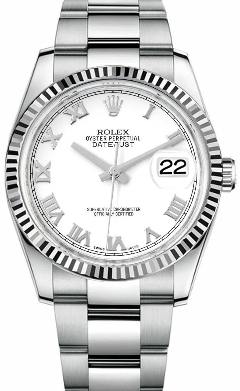 Rolex Datejust 36mm Fluted Bezel White Roman Dial Oyster - 116234
