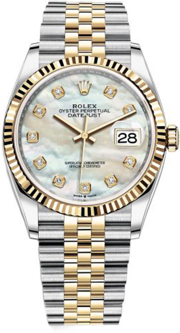 Rolex Datejust 36mm Two-Tone Yellow Gold Mother of Pearl Diamond Dial Jubilee - 126233 - New 2025