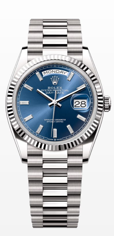 Rolex Day-Date "President" 36mm White Gold Blue Diamond Baguette Dial - 128239 - New 2025