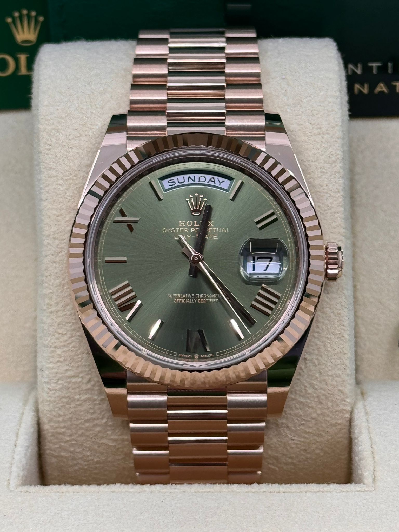 Rolex Day-Date "President" 40mm Everose Gold Olive Green Roman Dial - 228235 - New 2025