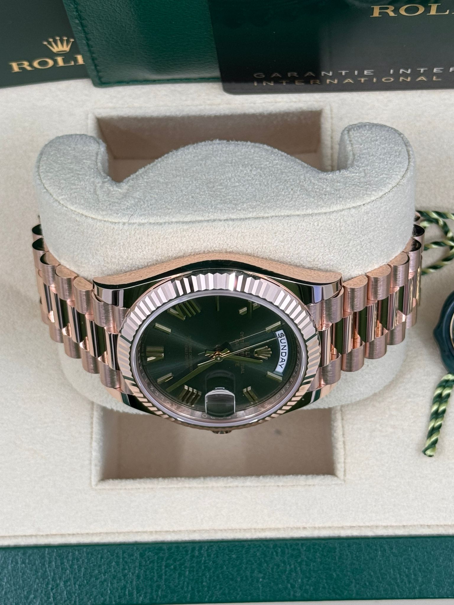 Rolex Day-Date "President" 40mm Everose Gold Olive Green Roman Dial - 228235 - New 2025