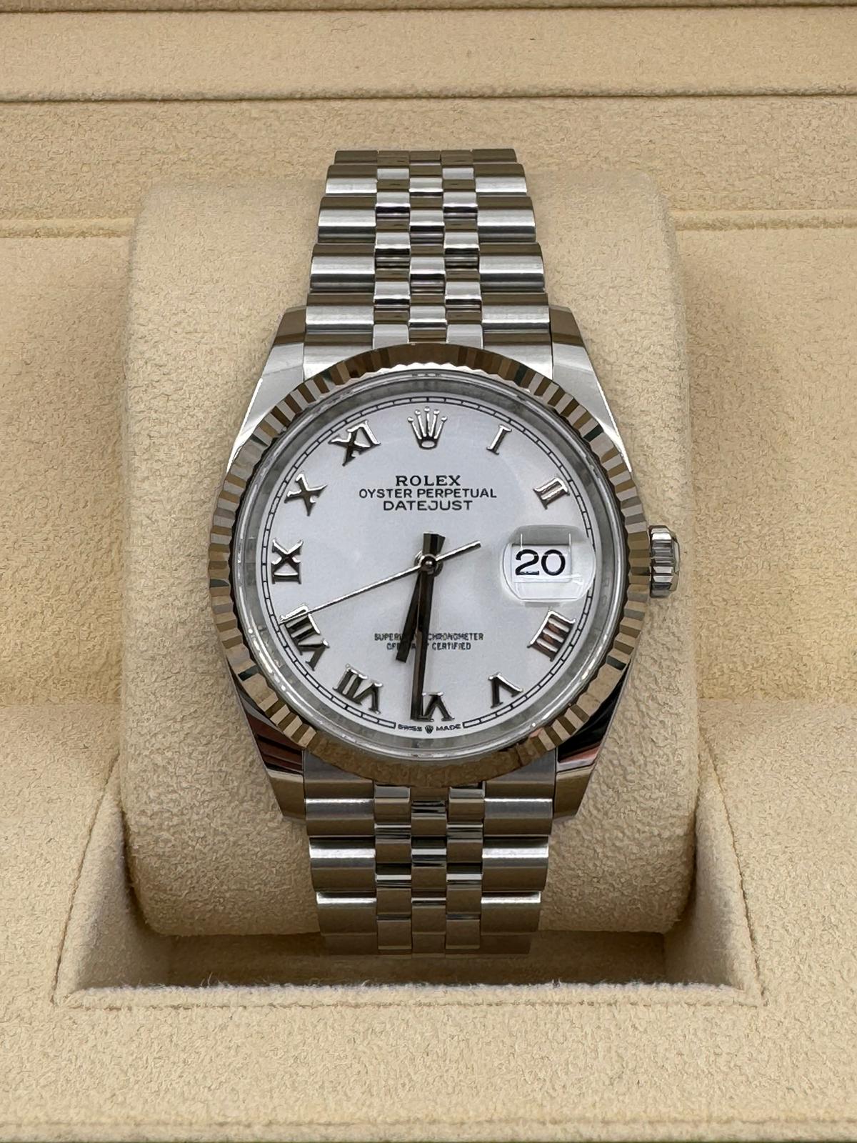 Rolex Datejust 36mm Fluted Bezel White Roman Dial Jubilee - 126234 - New 2025