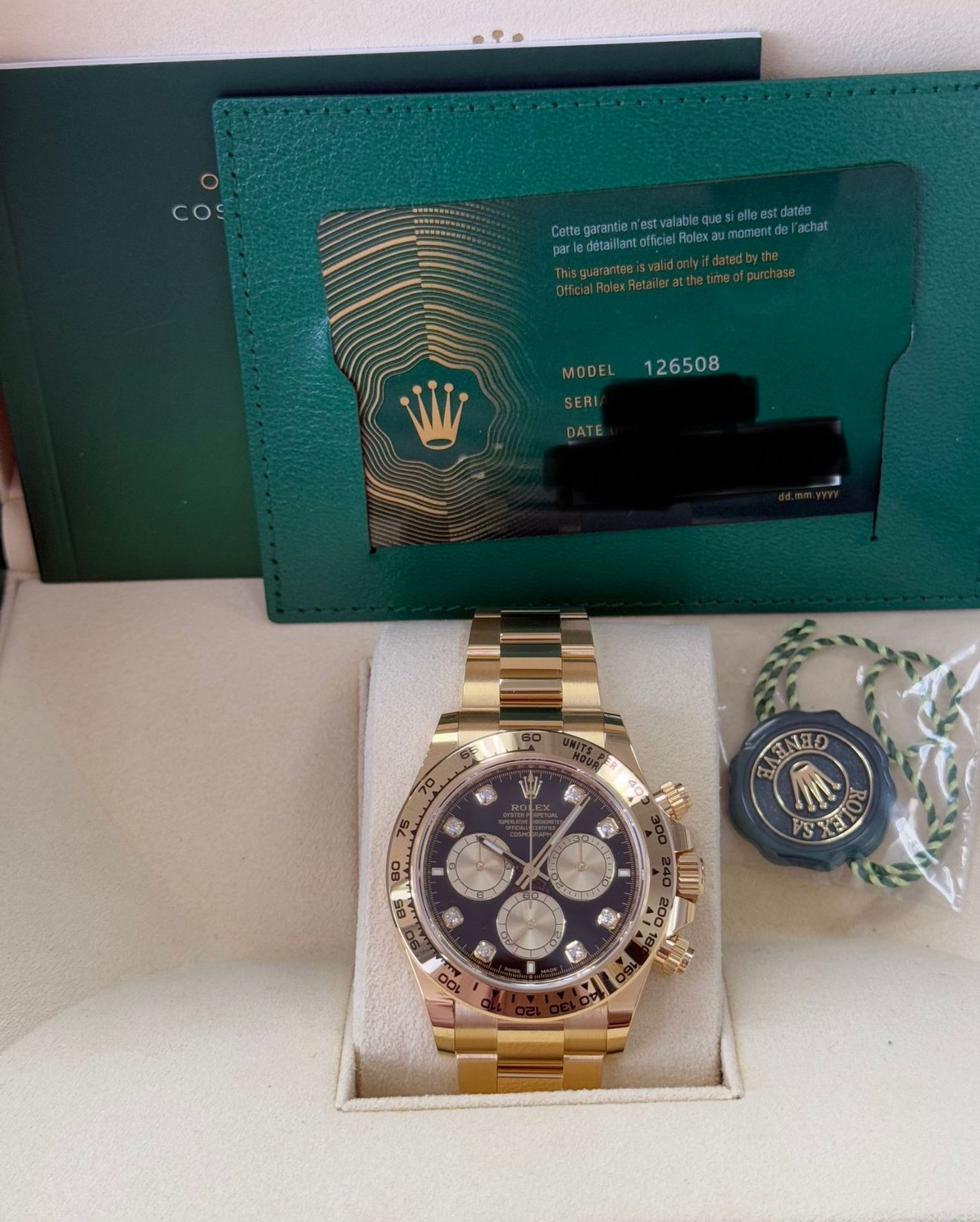 Rolex Cosmograph Daytona 40mm Yellow Gold Black Diamond Dial - 126508 - New 2025