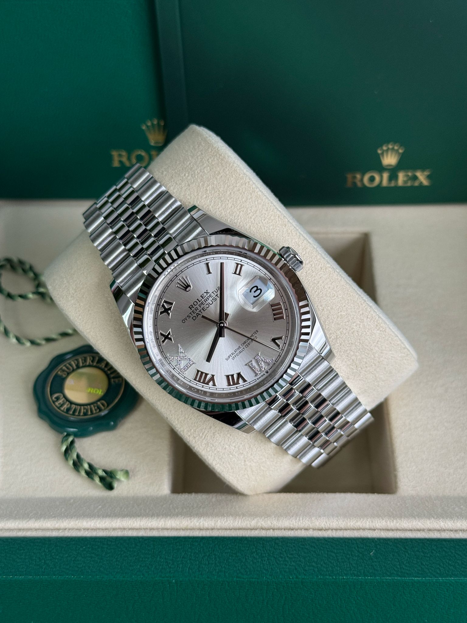 Rolex Datejust 36mm Fluted Bezel Silver Roman Diamond Dial Jubilee - 126234 - New 2025