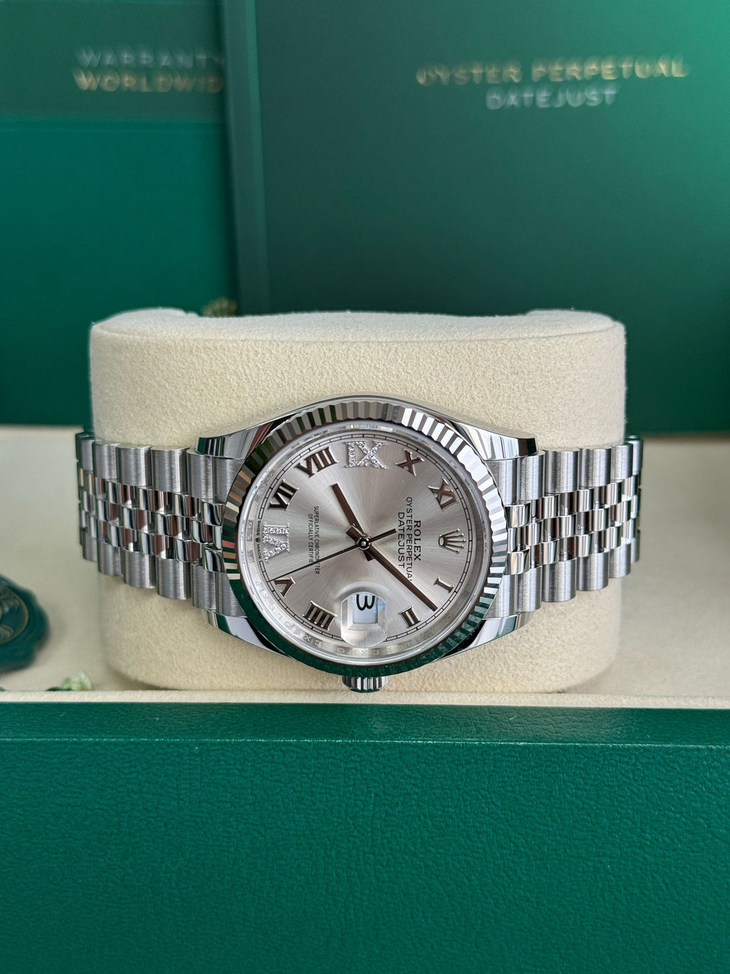 Rolex Datejust 36mm Fluted Bezel Silver Roman Diamond Dial Jubilee - 126234 - New 2025